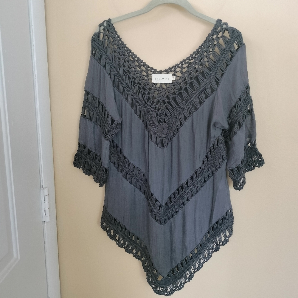 Dreamers gray Boho Top shirt Crochet S Swimsuit Cover Festival Concert Vacation